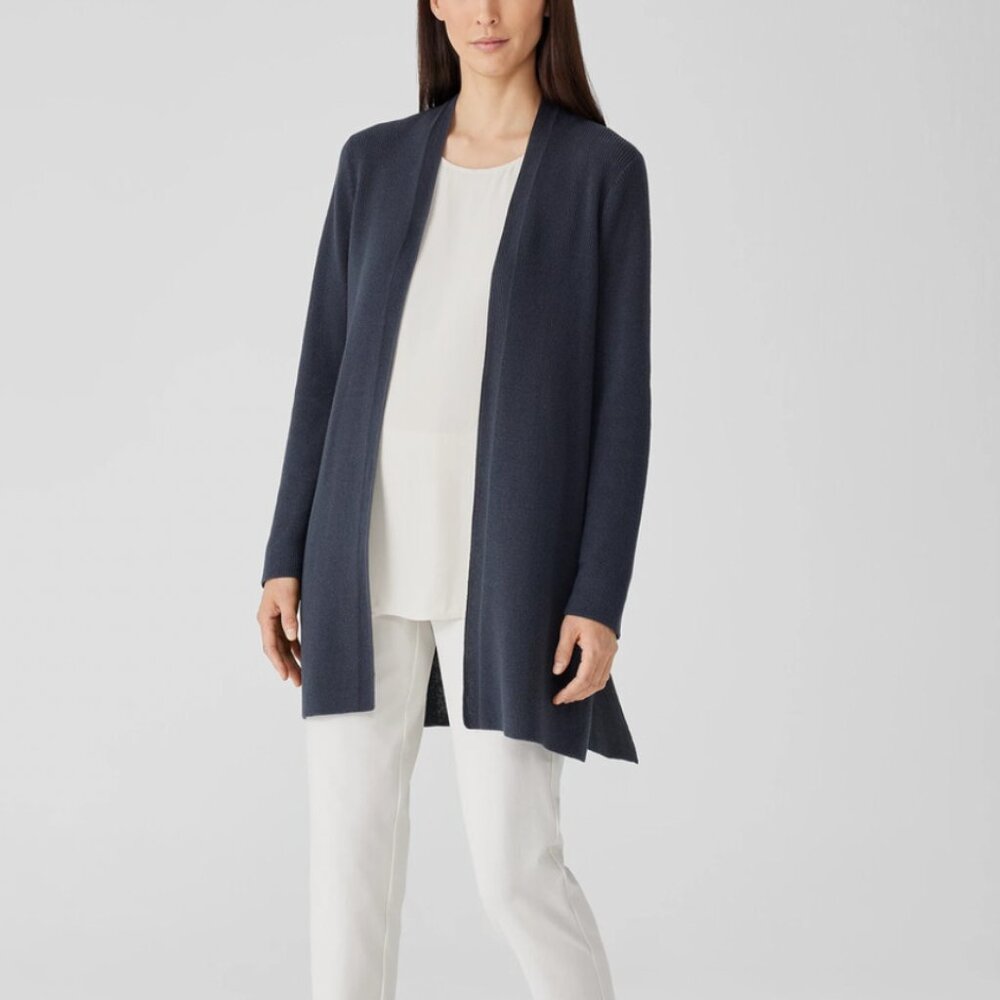 EILEEN FISHER Women XS Peruvian Organic Cotton Crepe Grey Knit Cardigan Sweater
